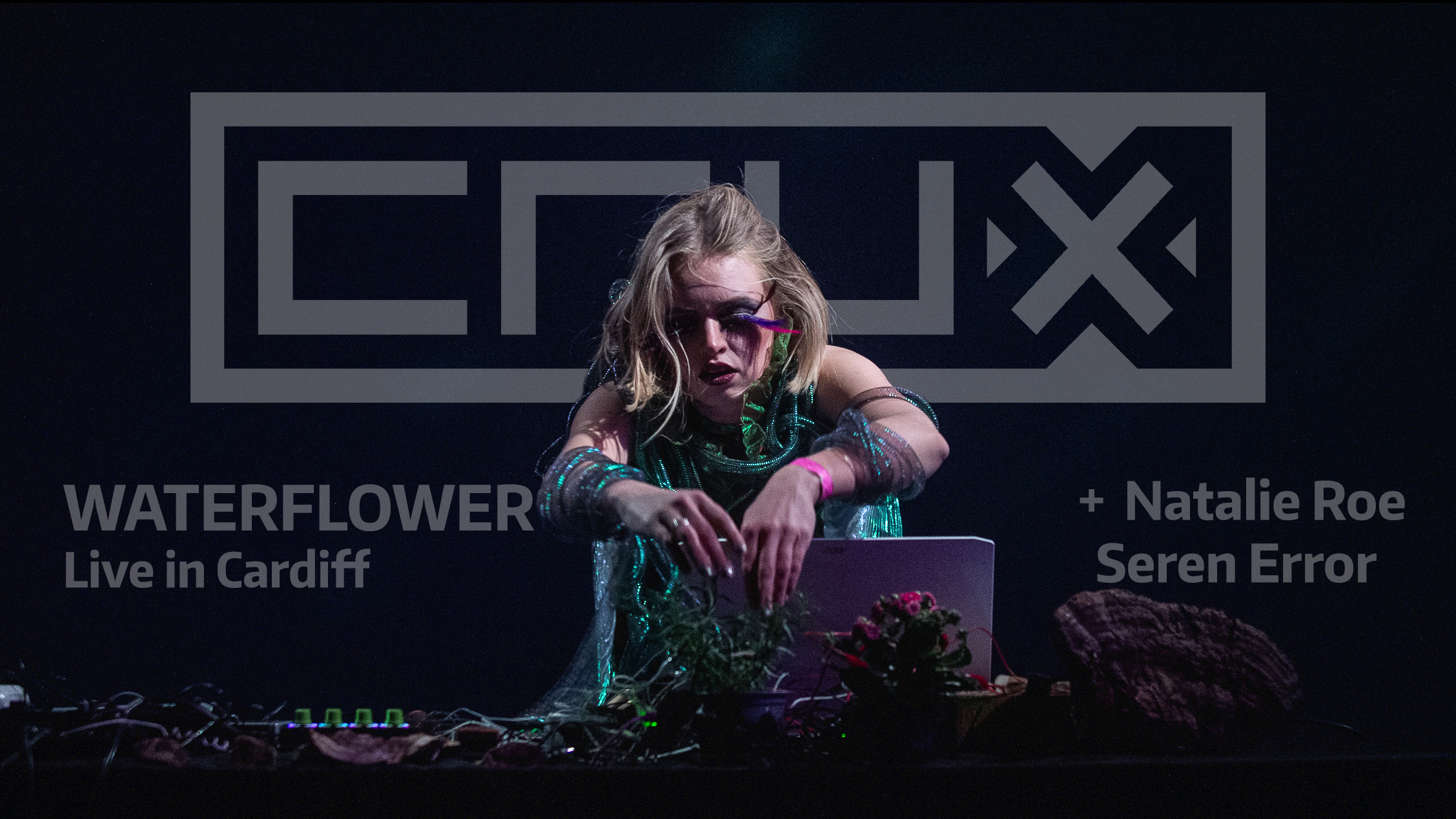 A photo Waterflower performing live with some text in the background.